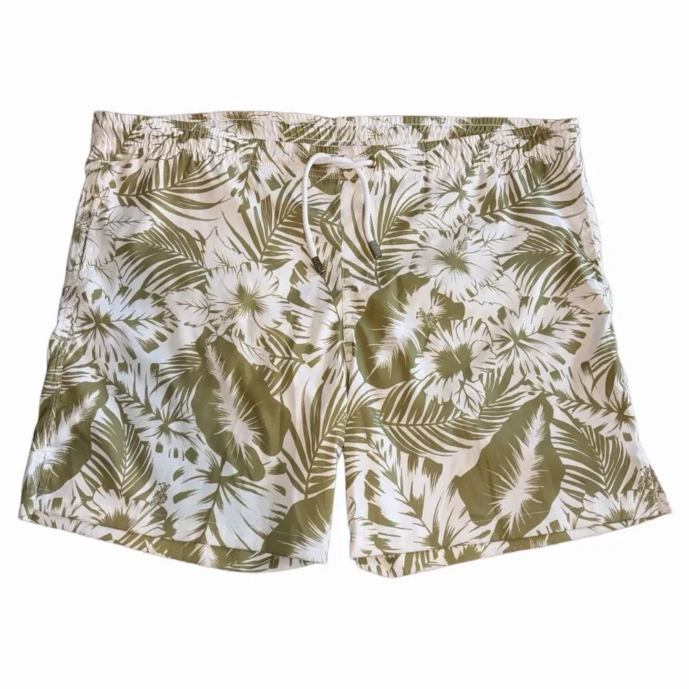 Kenny Flowers Palm Leaf Print Swim Trunks Mens Lrg White Green Lined Drawstring
